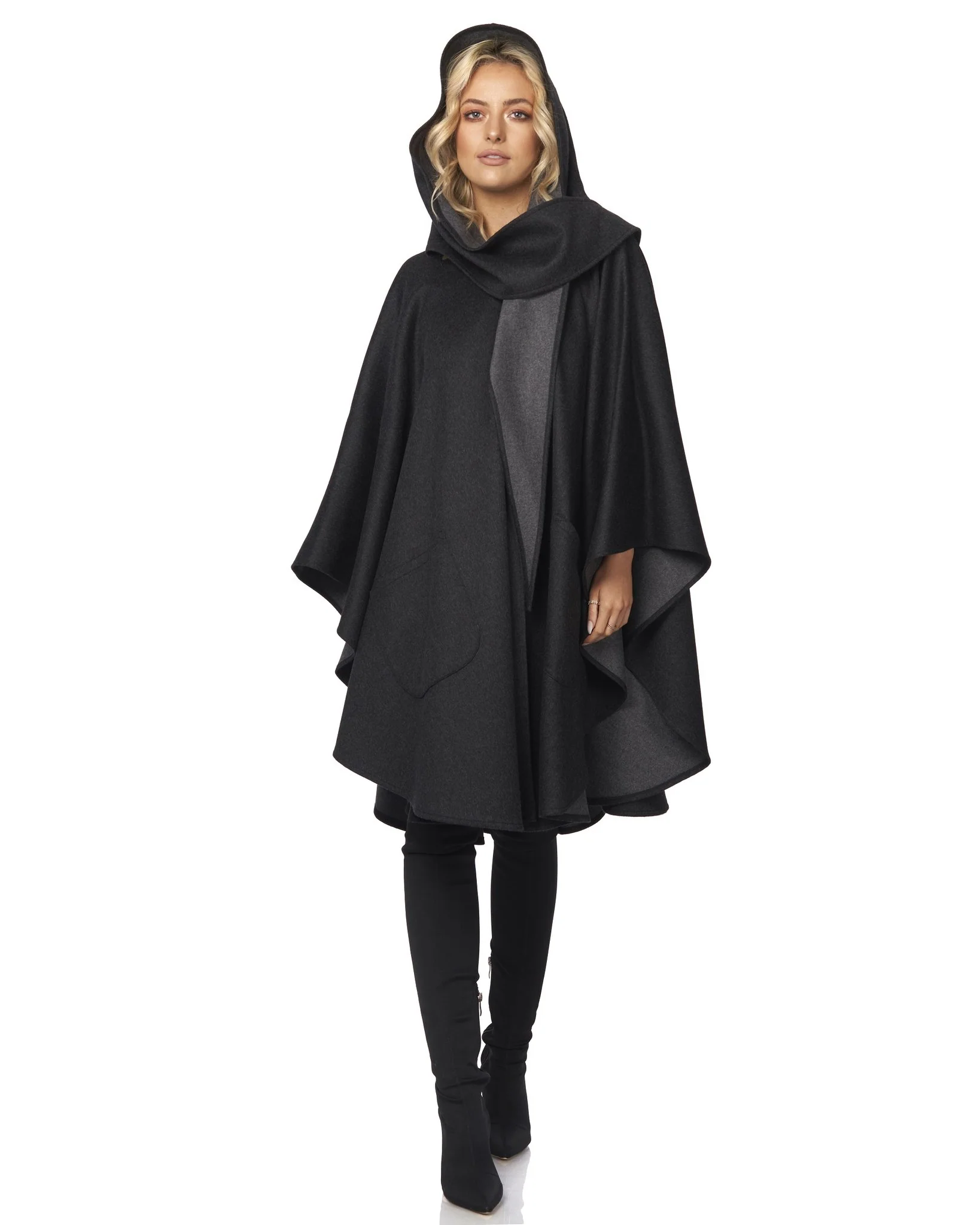 Charcoal and Grey Knee Length Cape with Pockets - Image 2