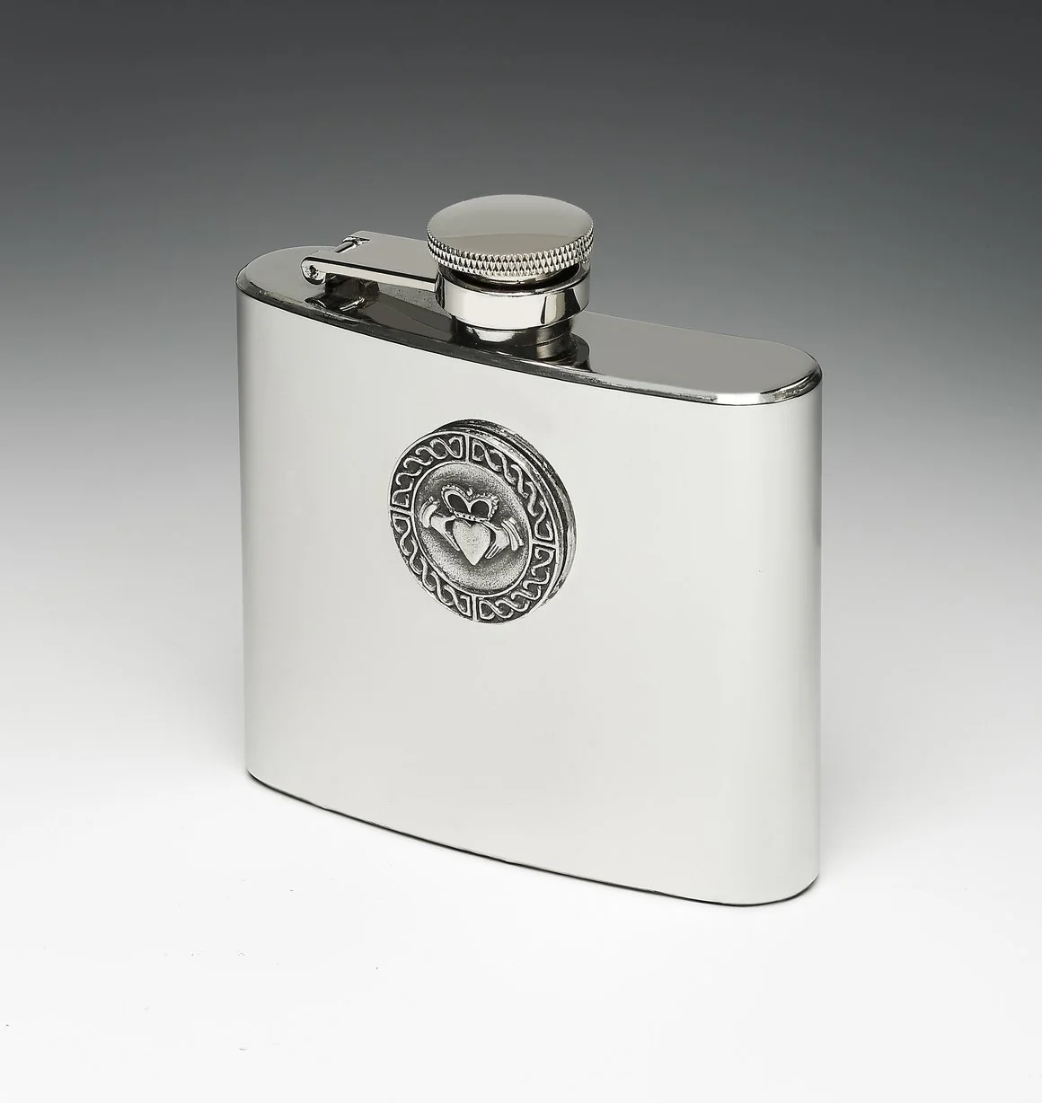 Whiskey Hip Flask with Claddagh Design by Mullingar Pewter
