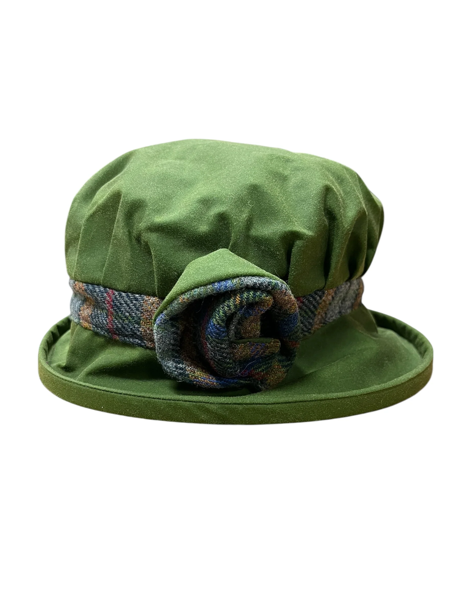 Waxed Cotton Downton Abbey Style Ladies Hat with Tweed Rose and Band - Image 3