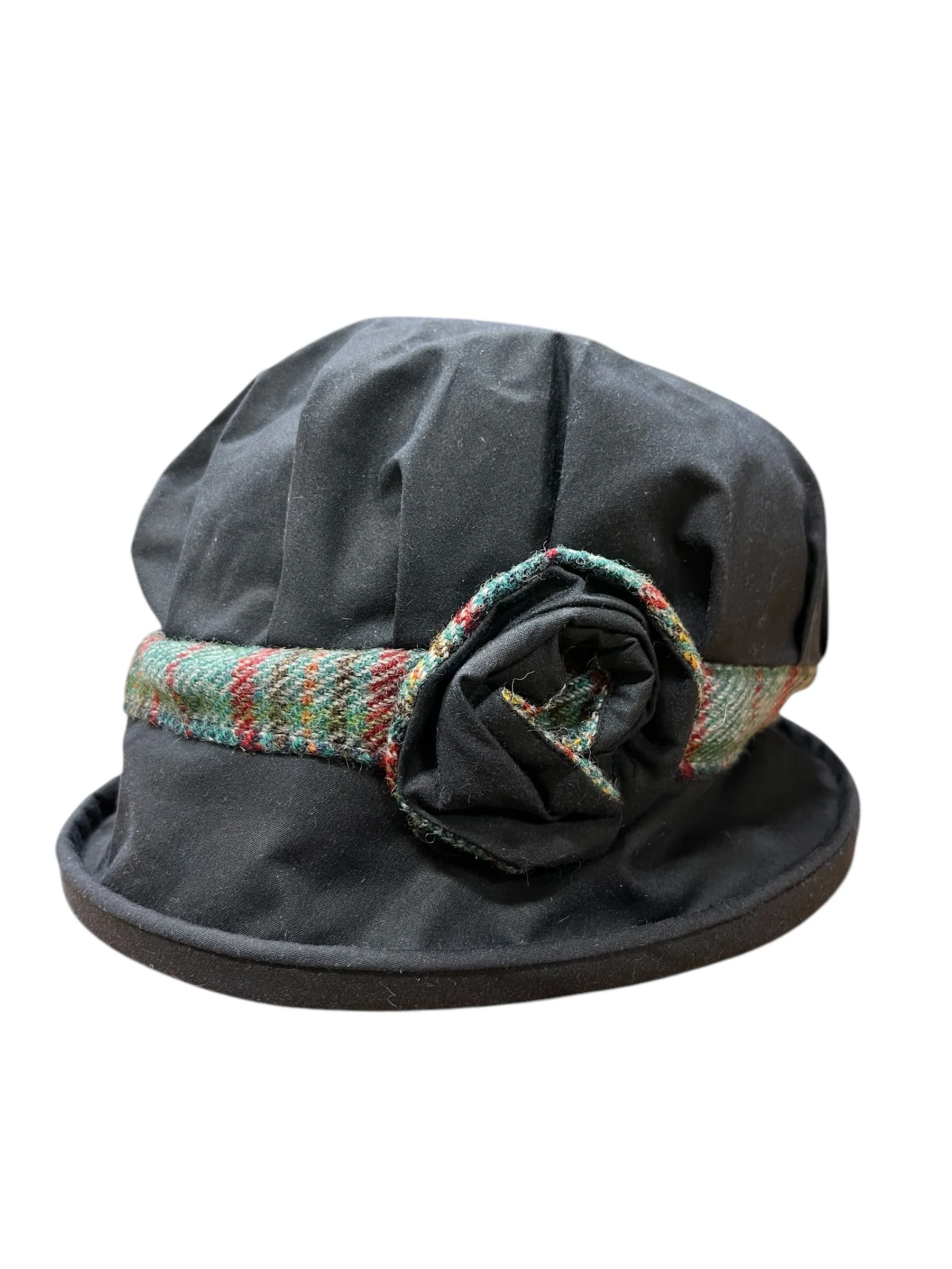 Waxed Cotton Downton Abbey Style Ladies Hat with Tweed Rose and Band - Image 6