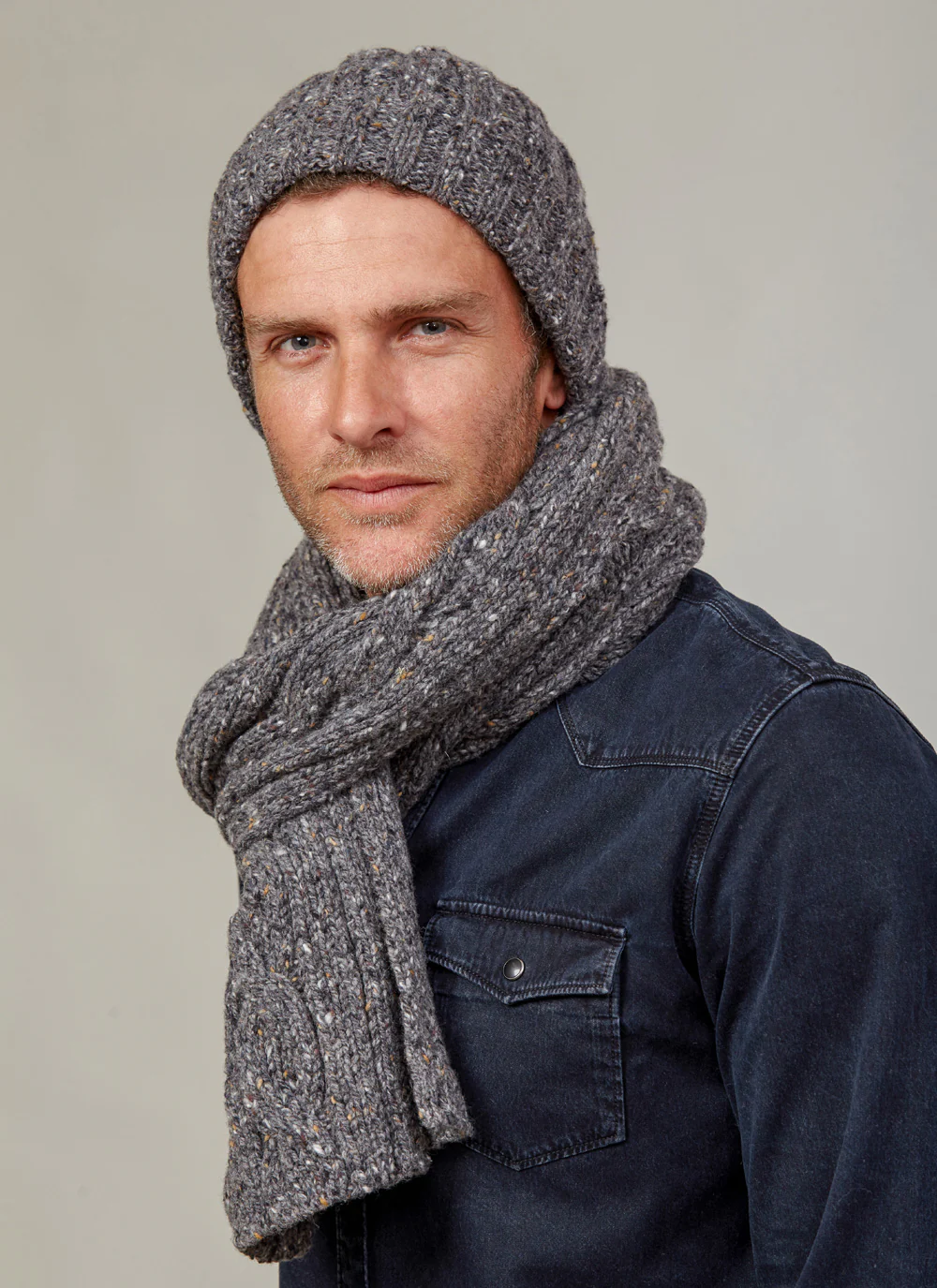 Fisherman 100% Merino Wool Mens Beanie - Grey Flecks
