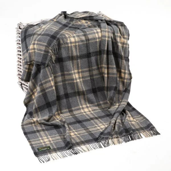 Grey Beige Check Lambswool Throw
