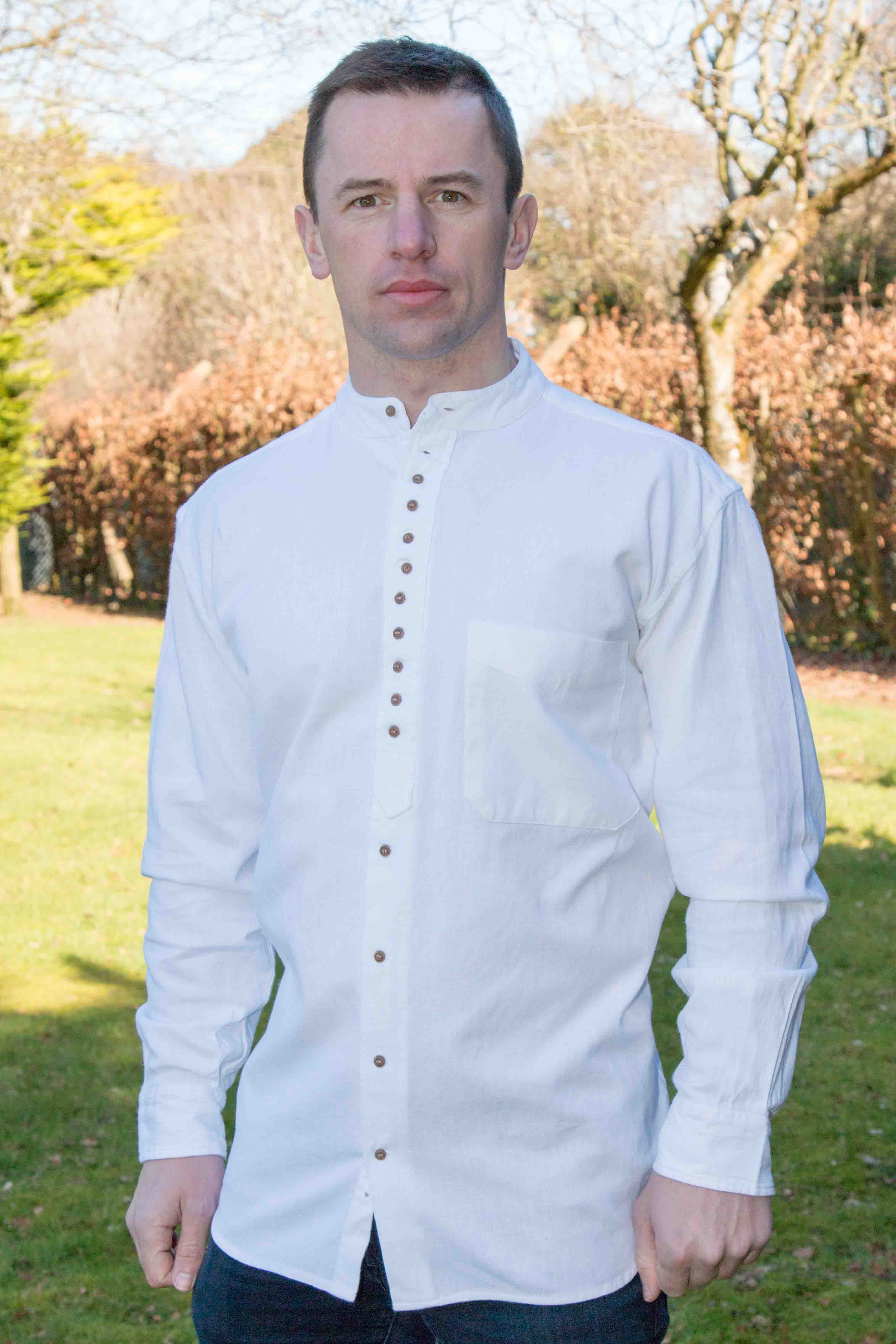 Irish Collarless Grandfather Shirt Linen Blend - White