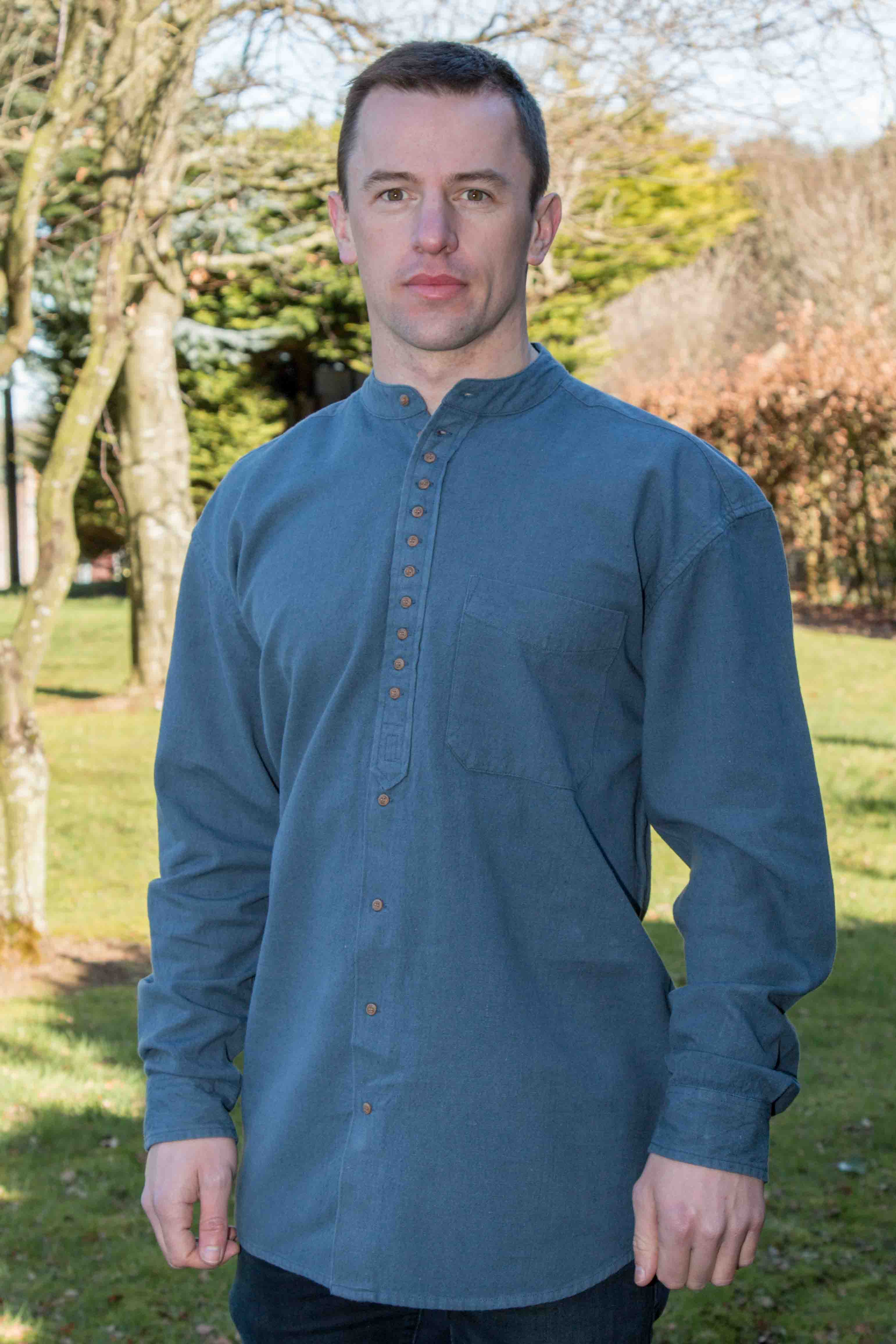 Irish Collarless Grandfather Shirt Linen Blend - Ink Blue