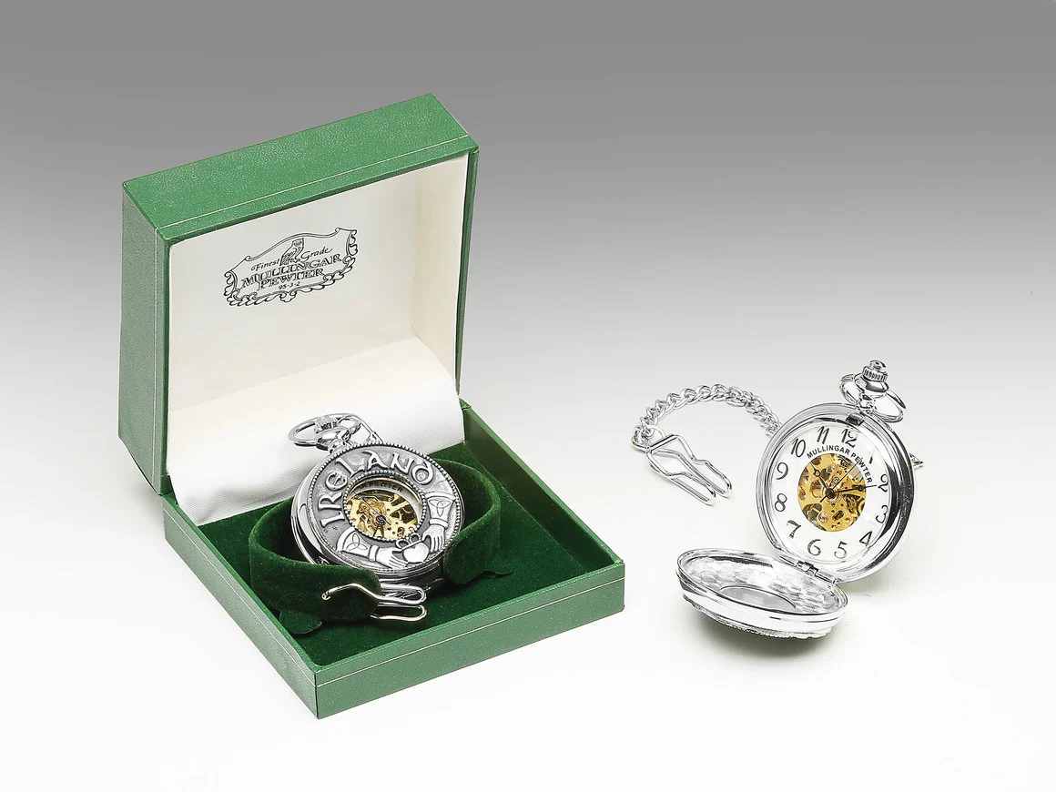 Mechanical Pocket Watch with Claddagh/Ireland Design by Mullingar Pewter