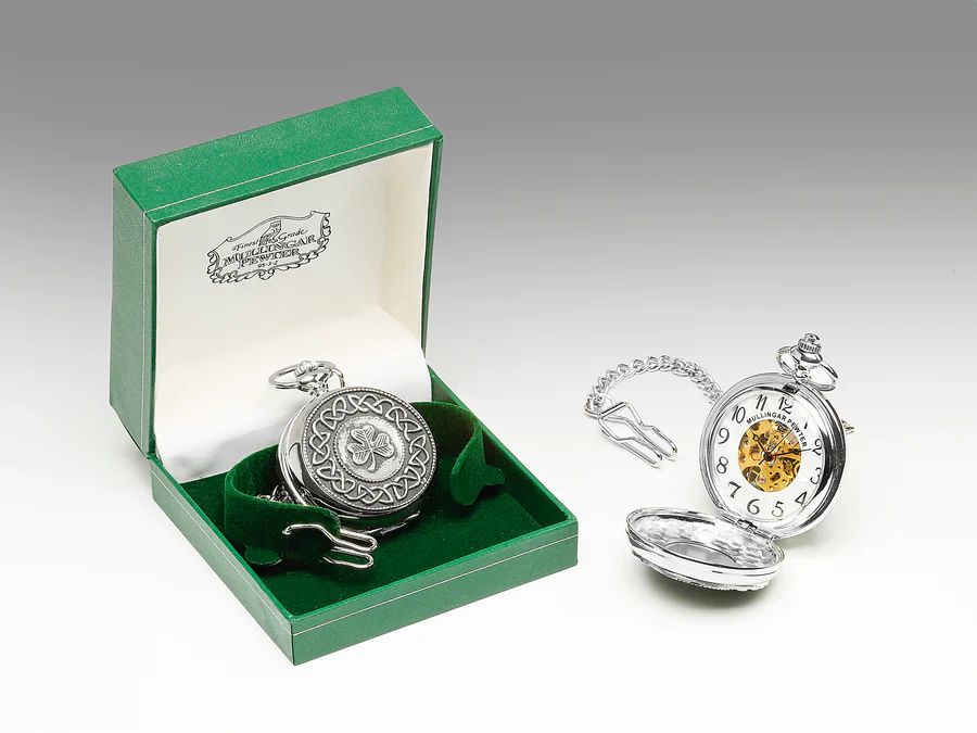 Mechanical Pocket Watch with Shamrock Design by Mullingar Pewter