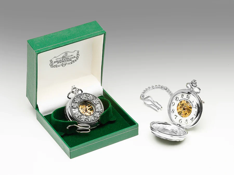 Mechanical Pocket Watch with Shamrocks Design by Mullingar Pewter