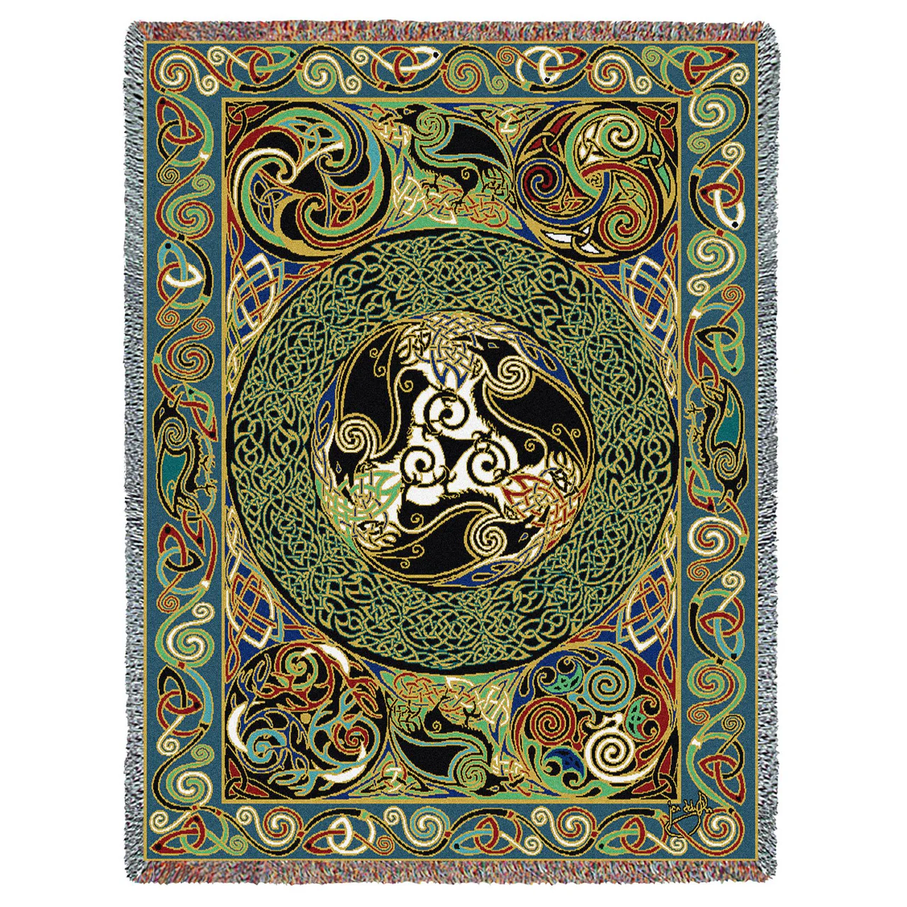 Celtic Ravens Panel Cotton Woven Blanket Throw by Jen Delyth