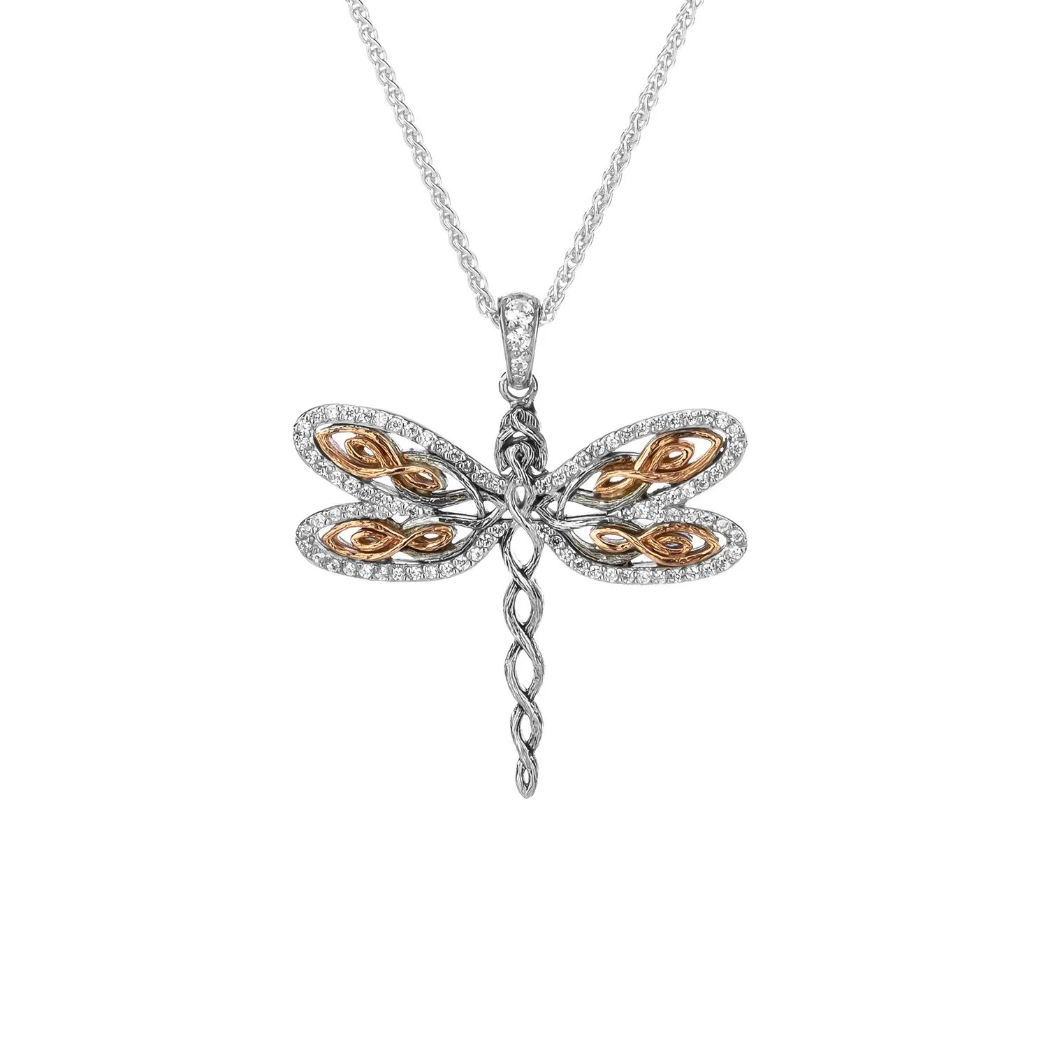 Rose Gold Dragonfly Pendant - Sterling Silver / Dark Rhodium and 10k Gold and White Cubic Zirconia