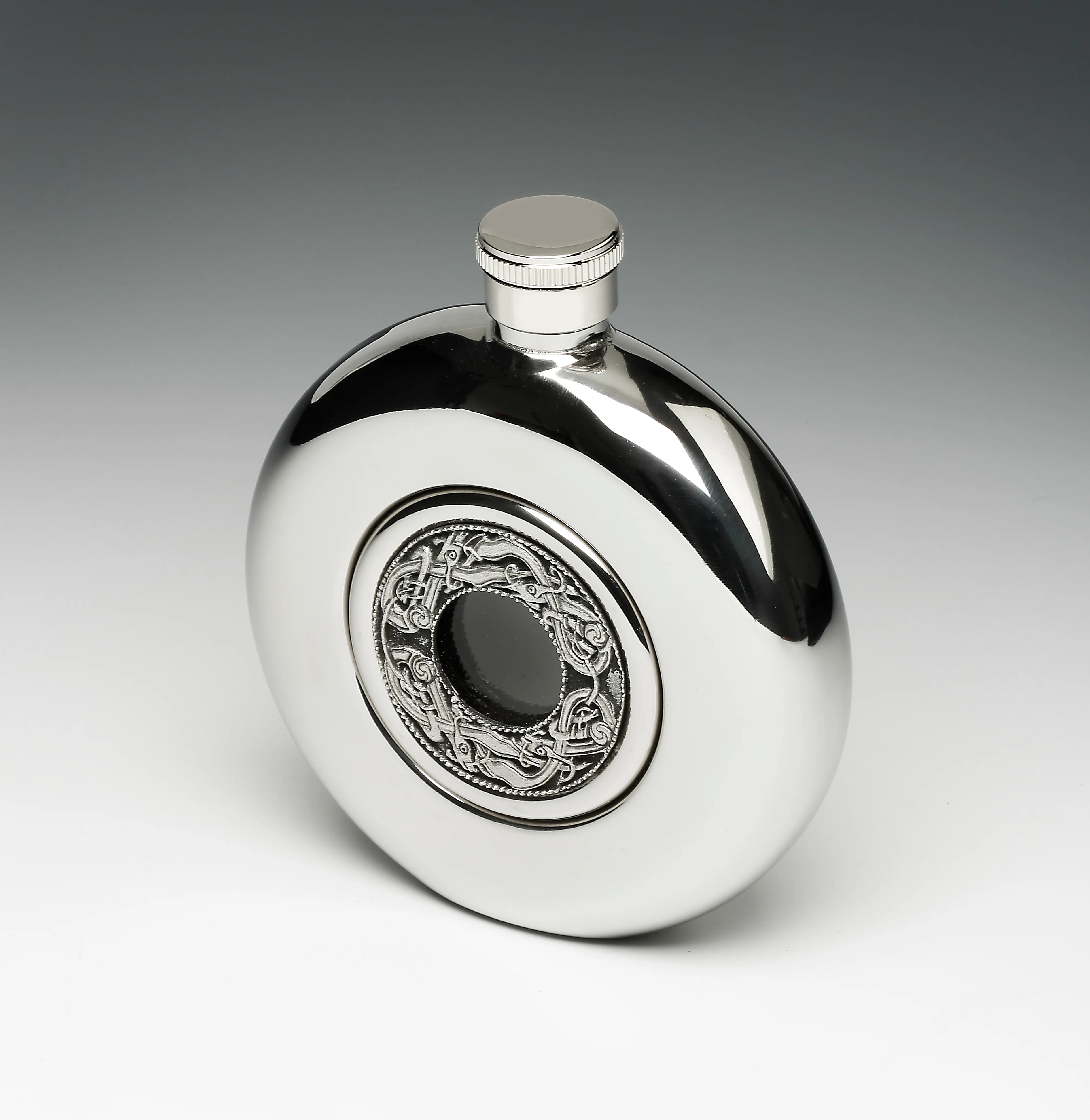 Round Whiskey Hip Flask with Glass Center and Celtic Birds Design - Image 2