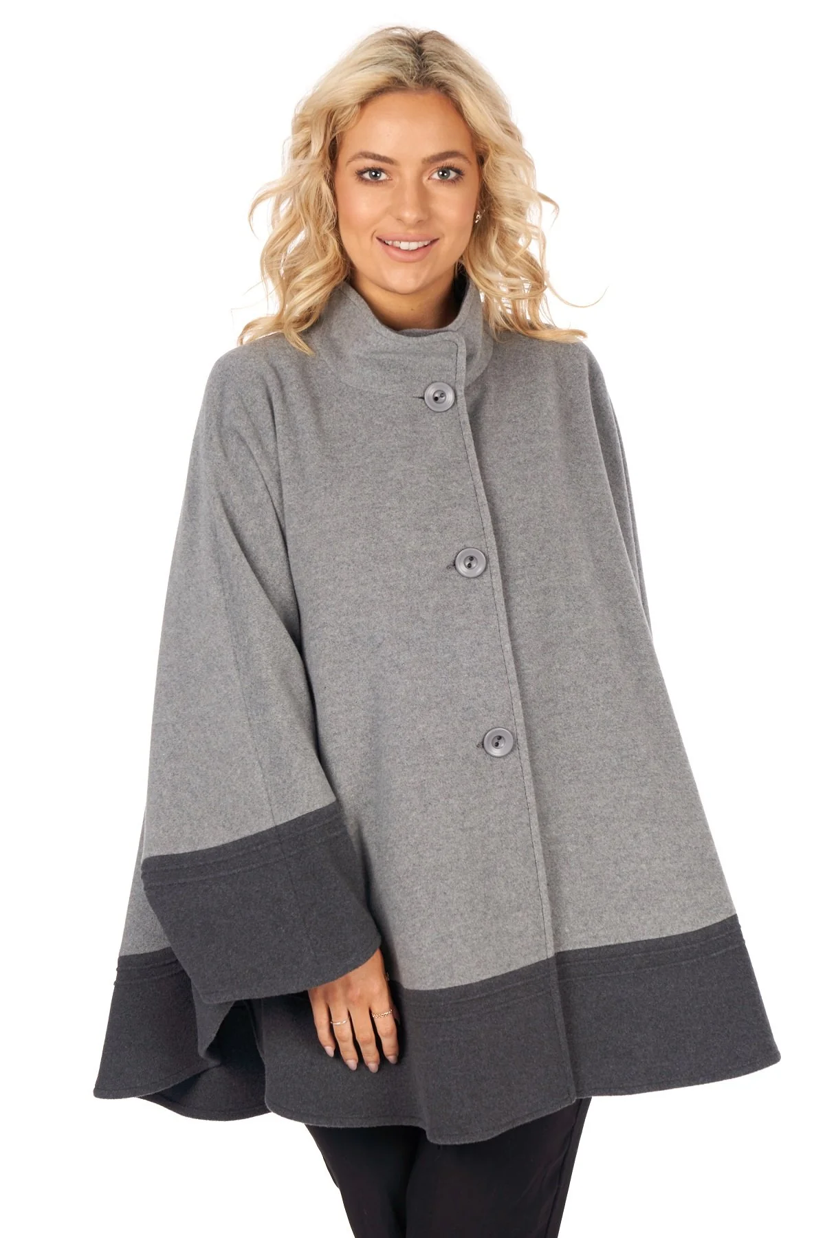 Women's Wool and Cashmere Cape in Two Tone Grey with Surpiqure Stitching